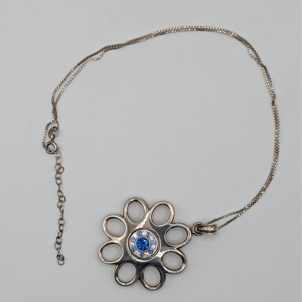Sterling Silver Blue Topaz Flower Pendant Necklace 925 Italy 18" 14.4g